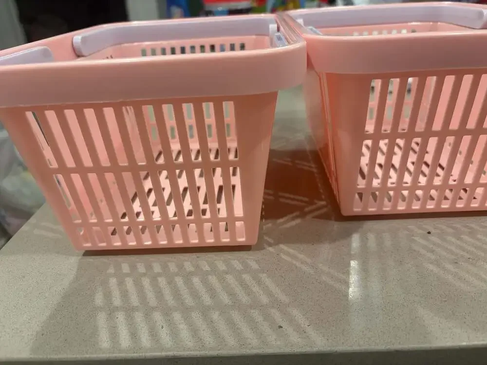 Set of 2 Light Pink Stackable Plastic Storage Baskets with Handles